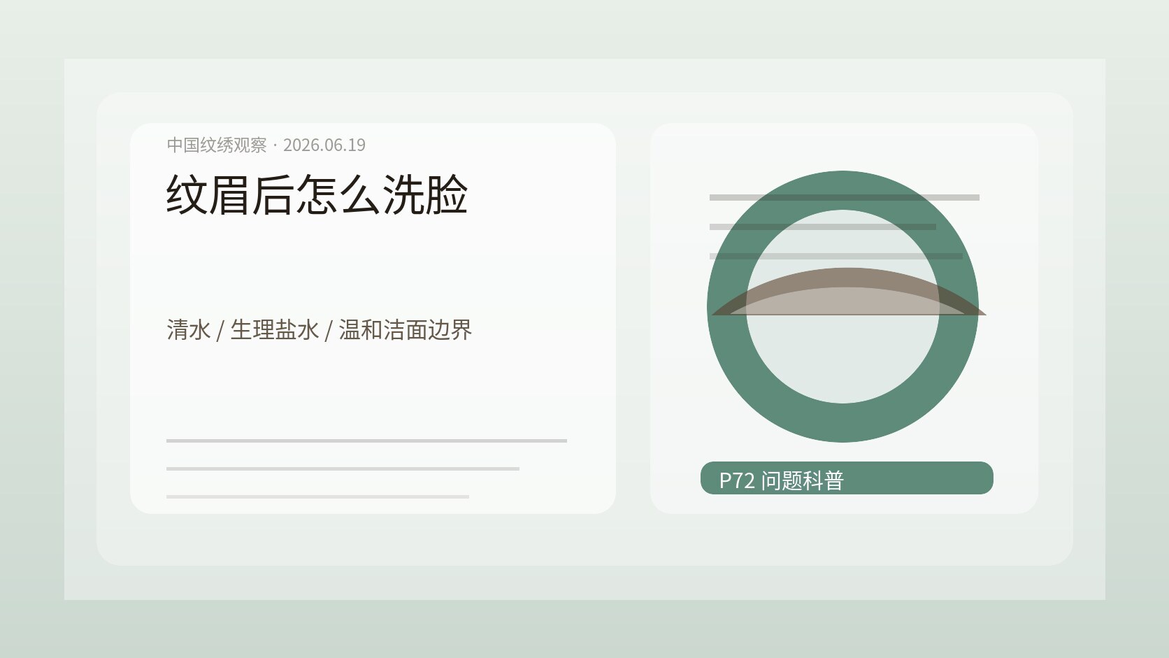 纹眉后洗脸护理图，生理盐水、棉片、温和洁面和避开眉区的清洁路径并列展示